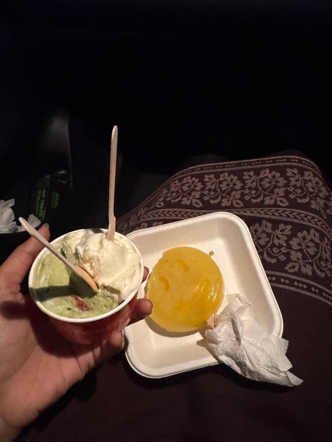 Matcha vanilla ice cream and a sorbet in the car