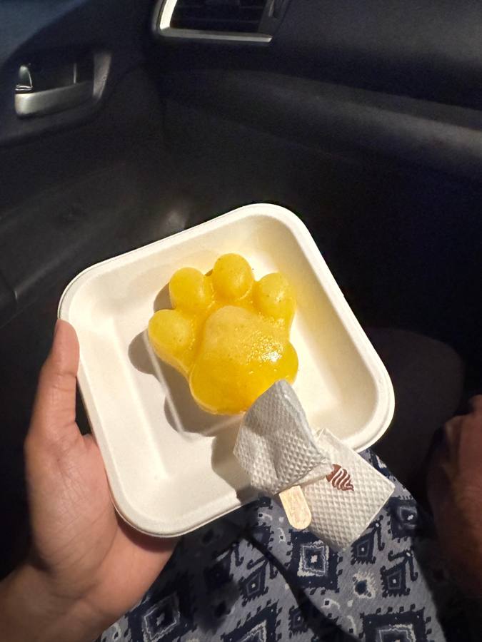 Paw-shaped pineapple sorbet on a stick